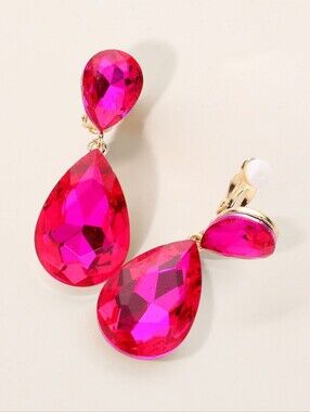 Pink Dangle Crystal Clip On Earrings 2 Inches Double Tear Drop ClipOns Jewelry